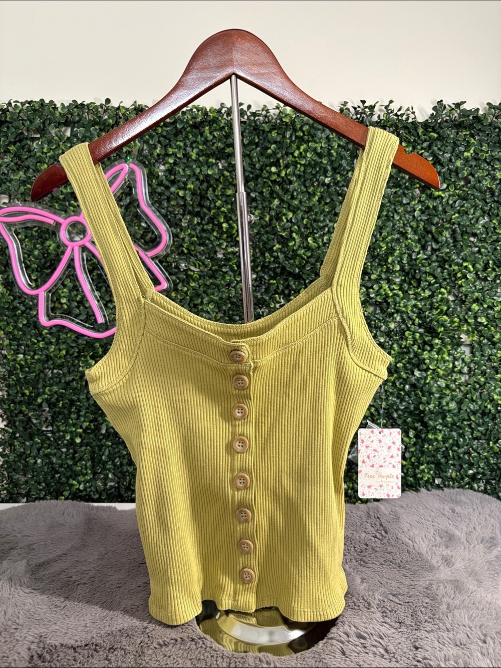 NWT Free People Ribbed Button-Front Tank in Chartreuse Size Small